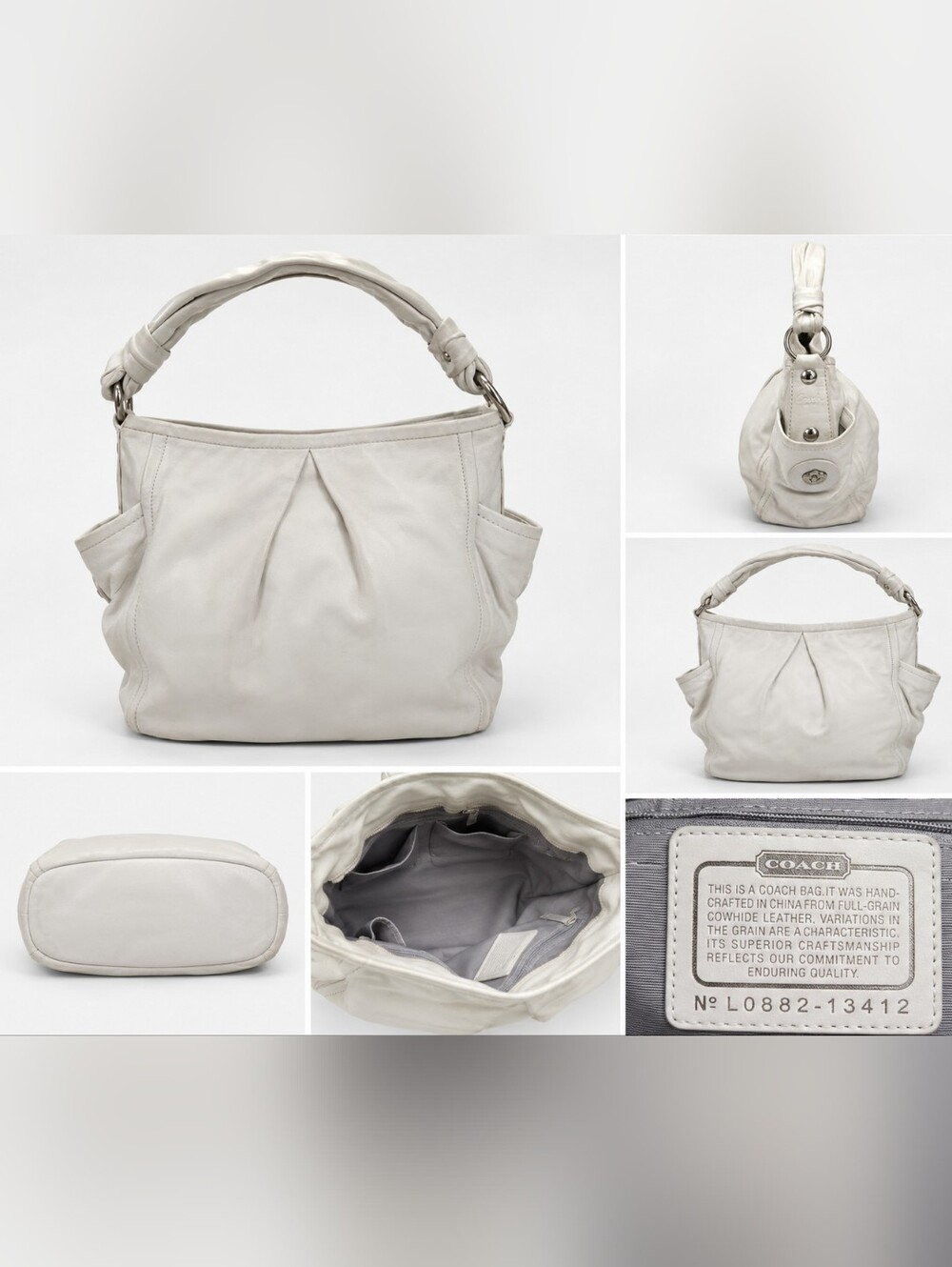 Coach 13412 White Full Grain Leather Shoulder Hobo Bag Tote Purse Silver Hardwar